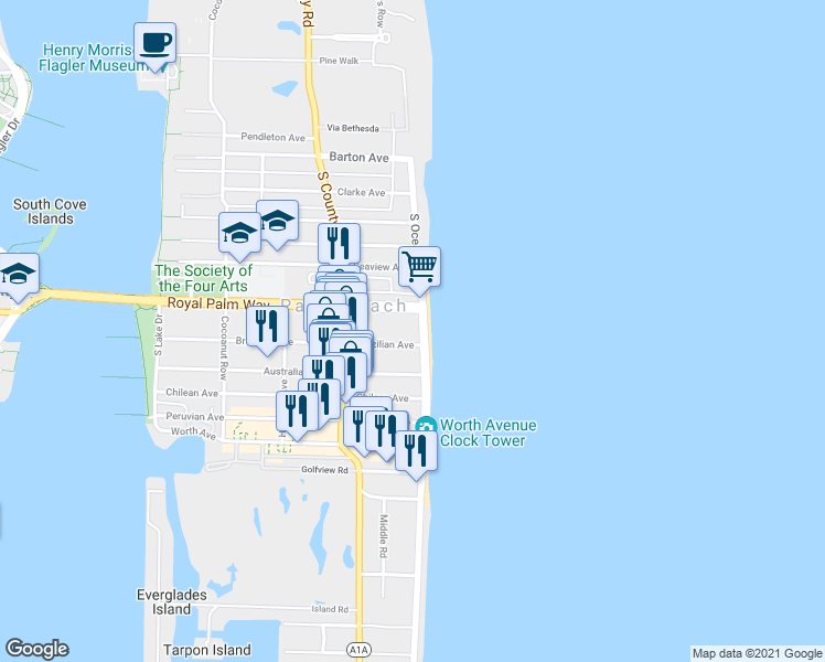 map of restaurants, bars, coffee shops, grocery stores, and more near 300 South Ocean Boulevard in Palm Beach