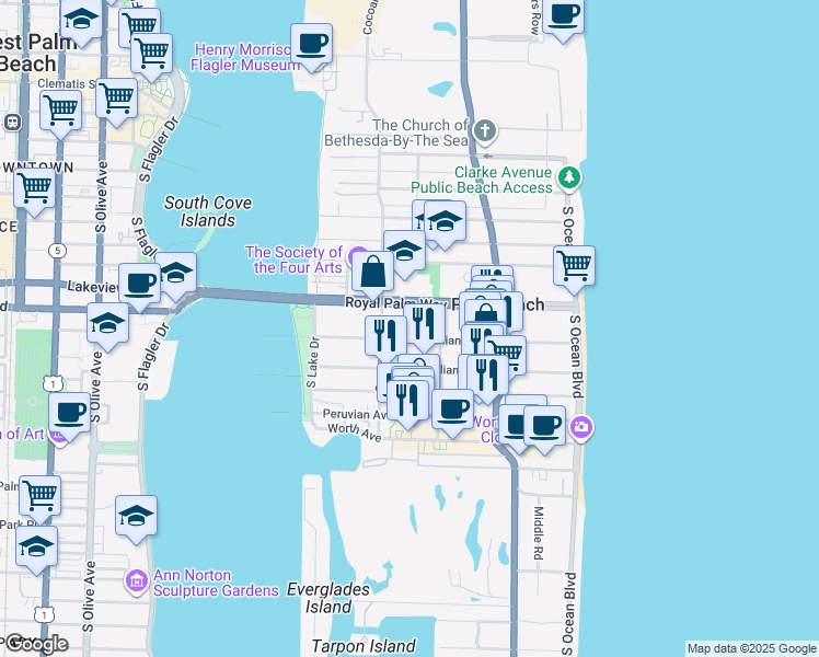 map of restaurants, bars, coffee shops, grocery stores, and more near 325 Brazilian Avenue in Palm Beach