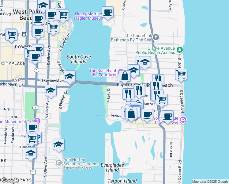 map of restaurants, bars, coffee shops, grocery stores, and more near 445 Brazilian Avenue in Palm Beach