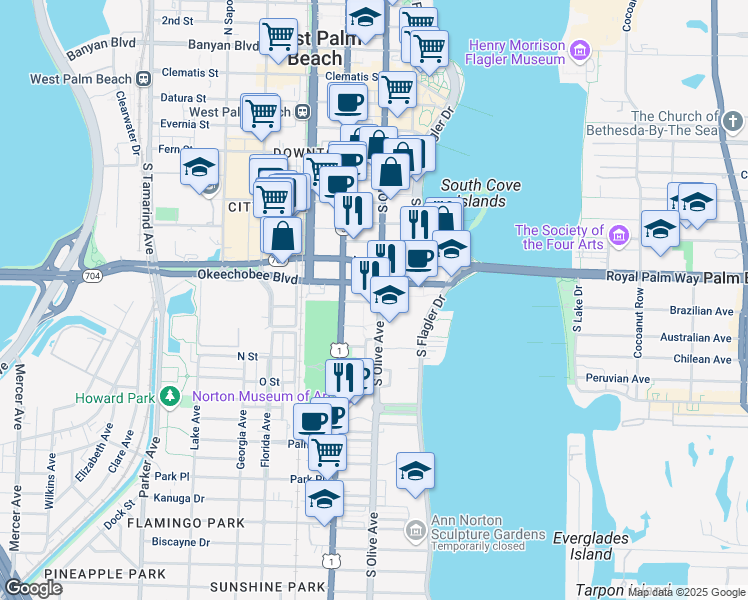 map of restaurants, bars, coffee shops, grocery stores, and more near 1000 South Olive Avenue in West Palm Beach