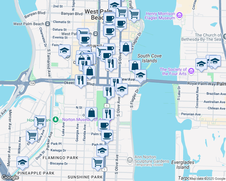 map of restaurants, bars, coffee shops, grocery stores, and more near in West Palm Beach