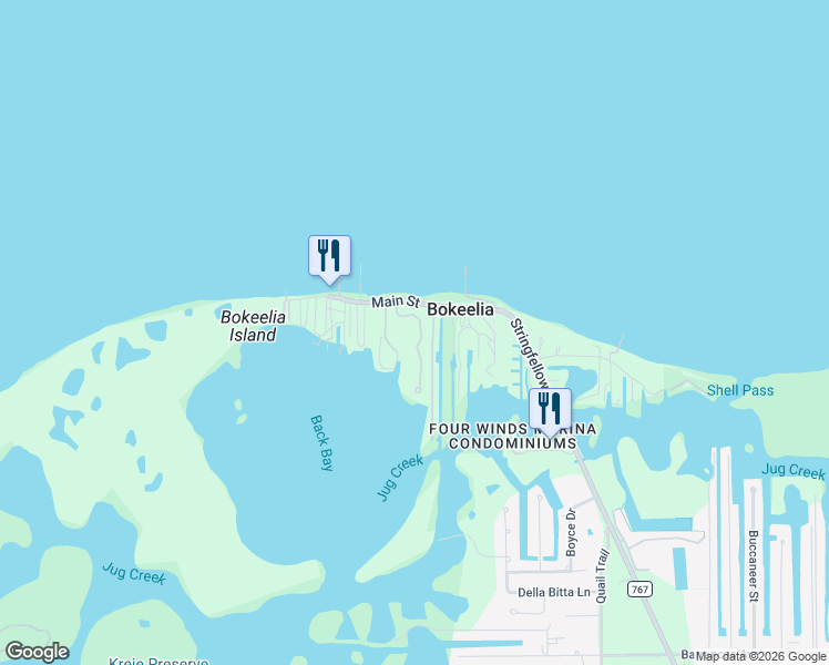 map of restaurants, bars, coffee shops, grocery stores, and more near 16703 Seagull Bay Court in Bokeelia