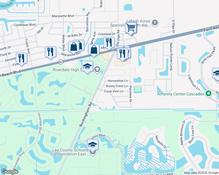 map of restaurants, bars, coffee shops, grocery stores, and more near 15608 Sunny Crest Lane in Fort Myers