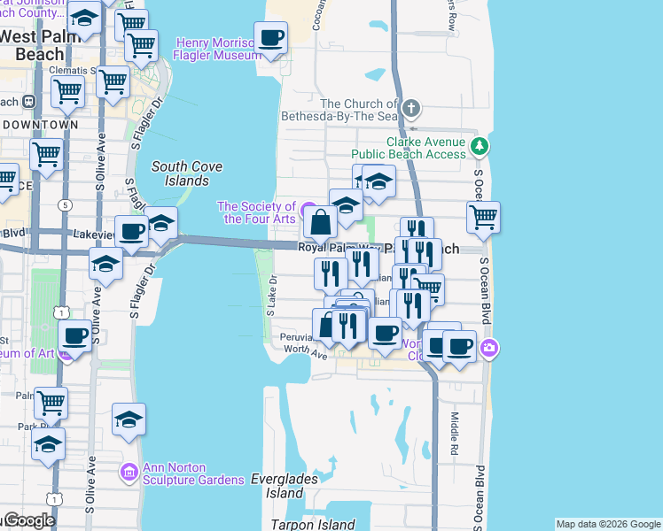 map of restaurants, bars, coffee shops, grocery stores, and more near 403 Brazilian Avenue in Palm Beach