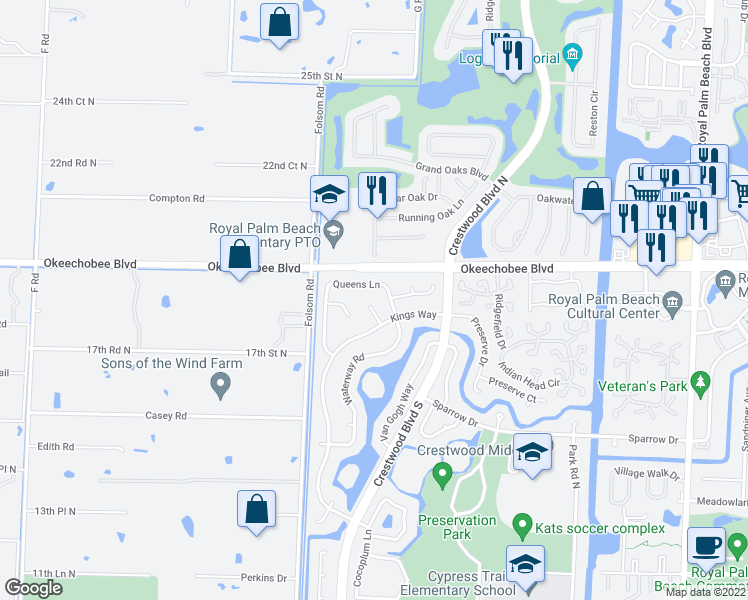 map of restaurants, bars, coffee shops, grocery stores, and more near 106 Knights Court in Royal Palm Beach