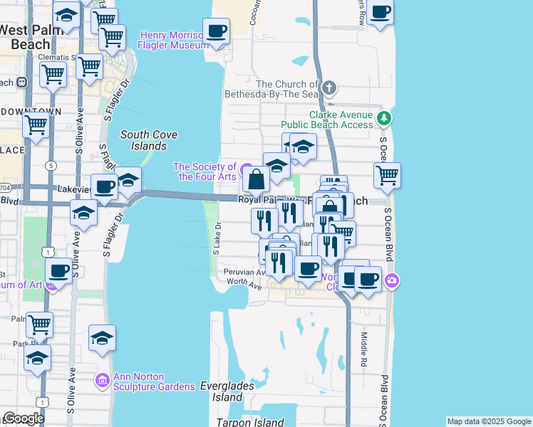 map of restaurants, bars, coffee shops, grocery stores, and more near 325 Brazilian Avenue in Palm Beach