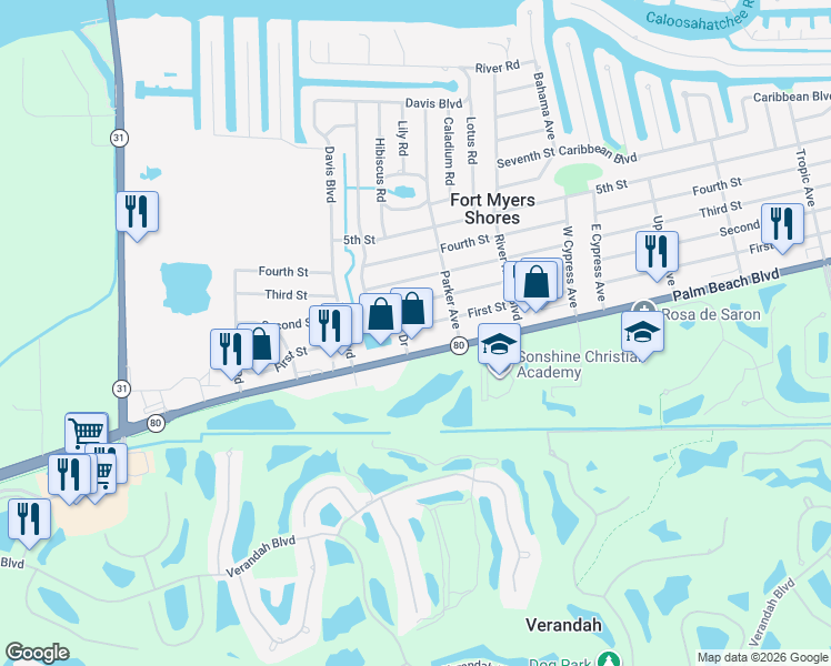 map of restaurants, bars, coffee shops, grocery stores, and more near 12644 Palm Beach Boulevard in Fort Myers