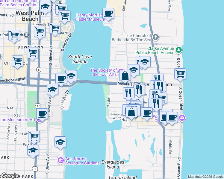 map of restaurants, bars, coffee shops, grocery stores, and more near 500 Brazilian Avenue in Palm Beach