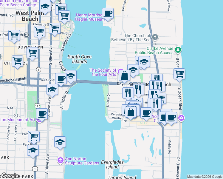 map of restaurants, bars, coffee shops, grocery stores, and more near 500 Brazilian Avenue in Palm Beach