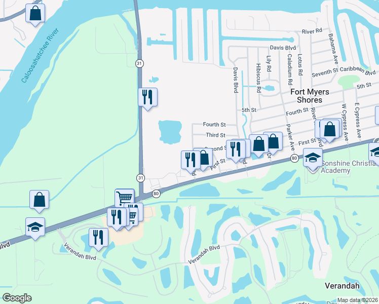 map of restaurants, bars, coffee shops, grocery stores, and more near 2813 West Road in Fort Myers