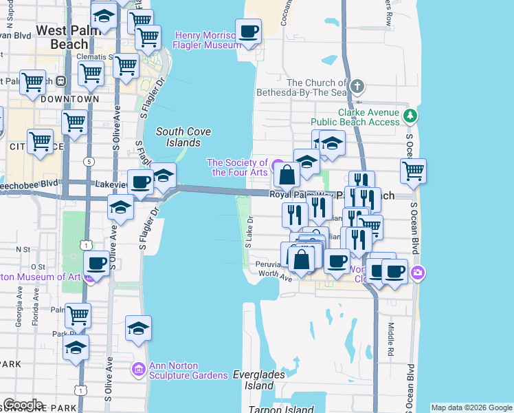 map of restaurants, bars, coffee shops, grocery stores, and more near 500 Brazilian Avenue in Palm Beach