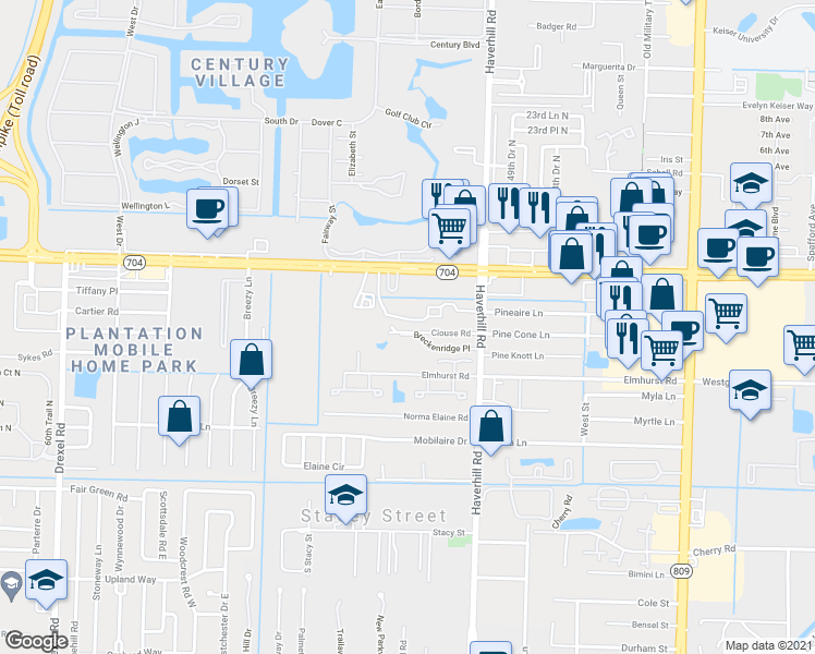 map of restaurants, bars, coffee shops, grocery stores, and more near 5135 Elmhurst Road in West Palm Beach