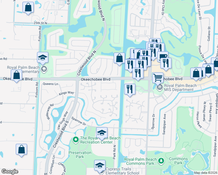 map of restaurants, bars, coffee shops, grocery stores, and more near 107 Weybridge Circle in Royal Palm Beach