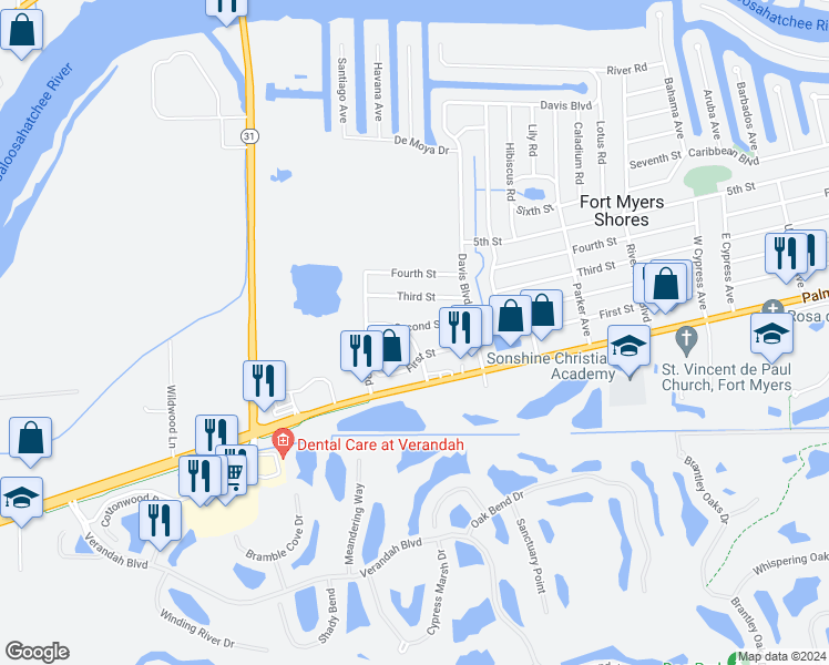 map of restaurants, bars, coffee shops, grocery stores, and more near 2741 Lakeview Drive in Fort Myers