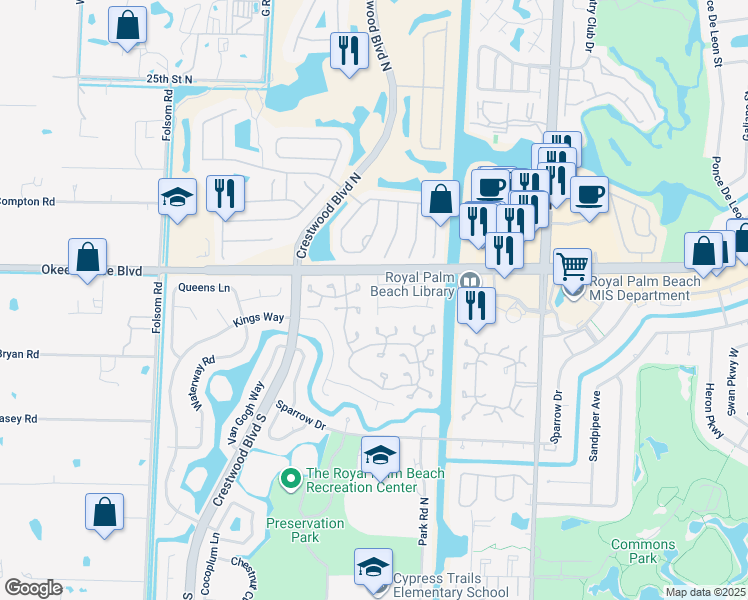 map of restaurants, bars, coffee shops, grocery stores, and more near 138 Weybridge Circle in Royal Palm Beach