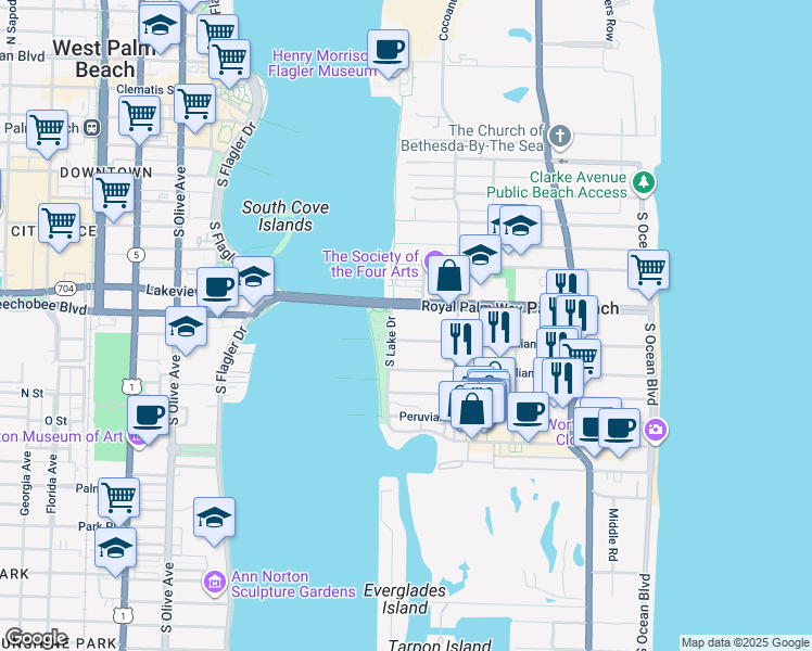 map of restaurants, bars, coffee shops, grocery stores, and more near 500 Brazilian Avenue in Palm Beach