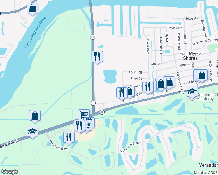 map of restaurants, bars, coffee shops, grocery stores, and more near 16400 Florida 31 in Fort Myers