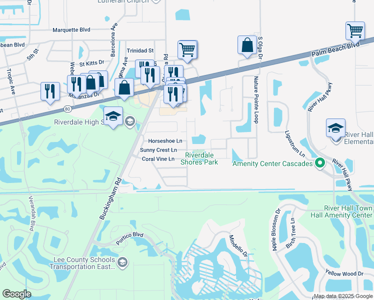 map of restaurants, bars, coffee shops, grocery stores, and more near Purslane Drive in Fort Myers