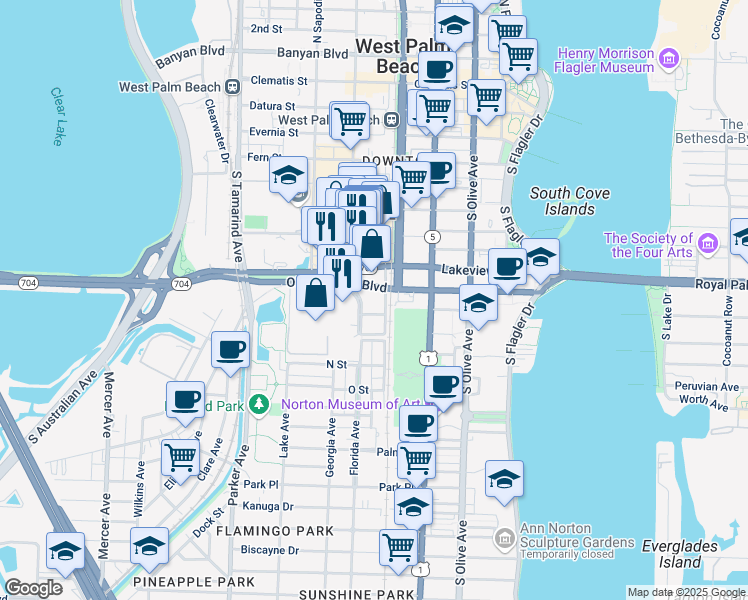 map of restaurants, bars, coffee shops, grocery stores, and more near 900 Florida Avenue in West Palm Beach