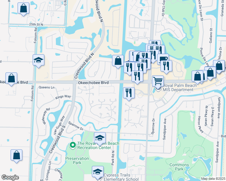 map of restaurants, bars, coffee shops, grocery stores, and more near 124 Weybridge Circle in Royal Palm Beach