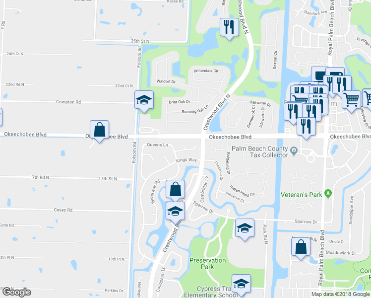 map of restaurants, bars, coffee shops, grocery stores, and more near 104 Oxford Court in West Palm Beach