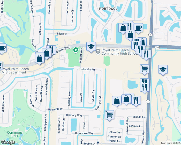 map of restaurants, bars, coffee shops, grocery stores, and more near 199 Martin Circle in Royal Palm Beach