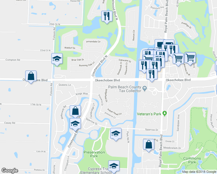 map of restaurants, bars, coffee shops, grocery stores, and more near 294 Amber Court in West Palm Beach