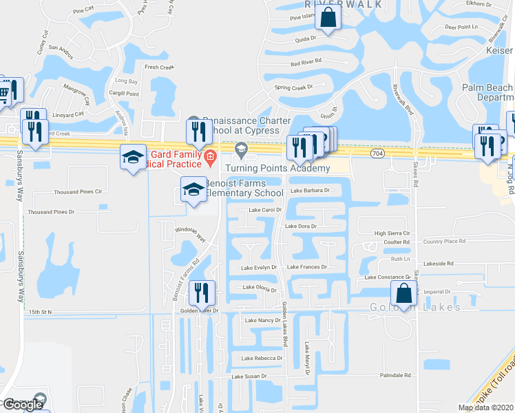 map of restaurants, bars, coffee shops, grocery stores, and more near 140 Lake Carol Drive in West Palm Beach