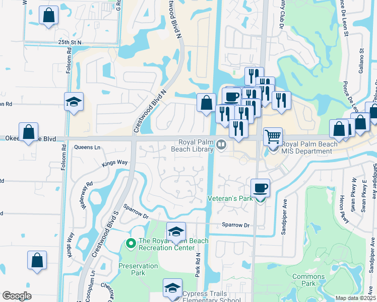 map of restaurants, bars, coffee shops, grocery stores, and more near 124 Weybridge Circle in Royal Palm Beach