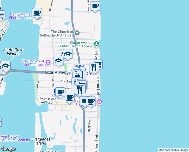 map of restaurants, bars, coffee shops, grocery stores, and more near 100 Royal Palm Way in Palm Beach