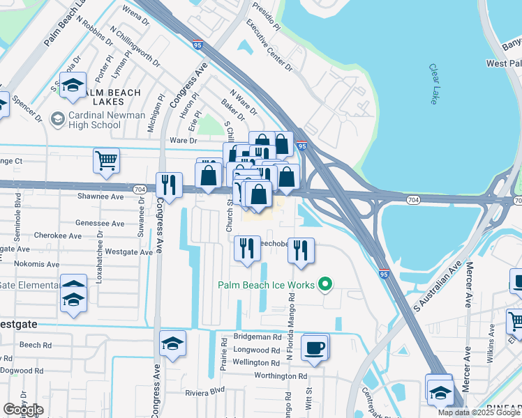 map of restaurants, bars, coffee shops, grocery stores, and more near 1900 Okeechobee Boulevard in West Palm Beach