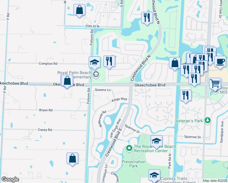 map of restaurants, bars, coffee shops, grocery stores, and more near 101 Hemingway Court in Royal Palm Beach