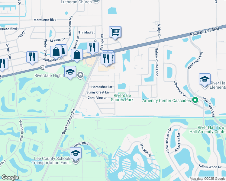 map of restaurants, bars, coffee shops, grocery stores, and more near 15663 Sunny Crest Lane in Fort Myers