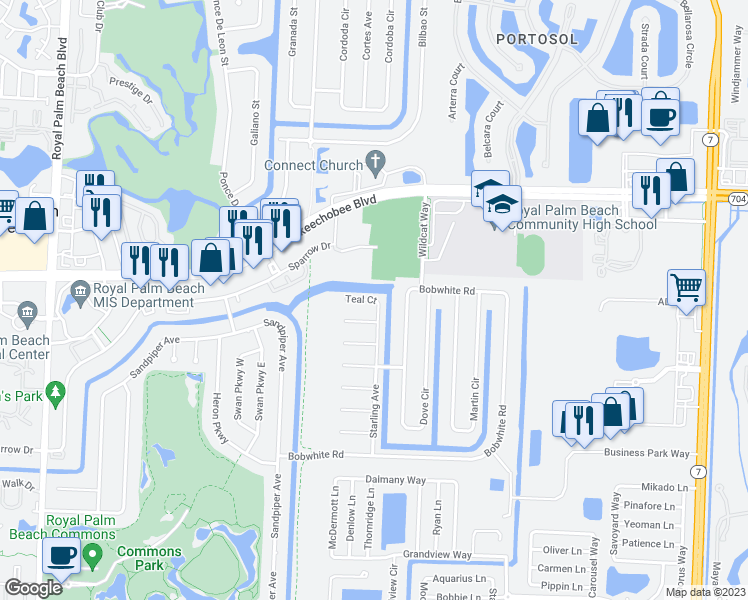 map of restaurants, bars, coffee shops, grocery stores, and more near Teal Court in Royal Palm Beach