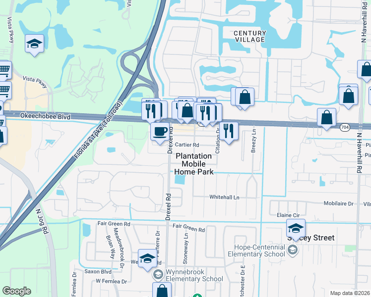 map of restaurants, bars, coffee shops, grocery stores, and more near 5920 Tiffany Place in West Palm Beach