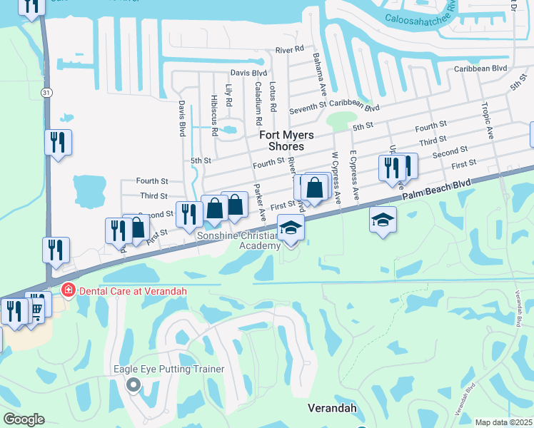 map of restaurants, bars, coffee shops, grocery stores, and more near 12907 Second Street in Fort Myers