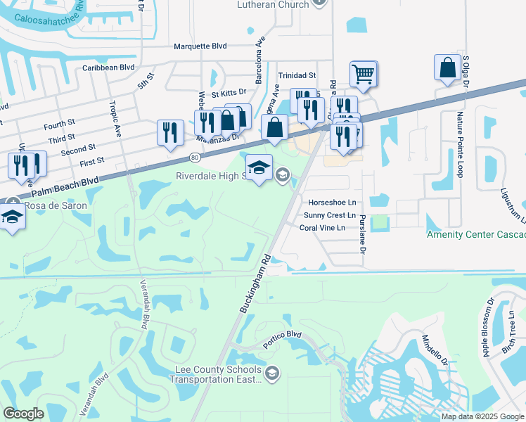map of restaurants, bars, coffee shops, grocery stores, and more near 2600 Buckingham Road in Fort Myers