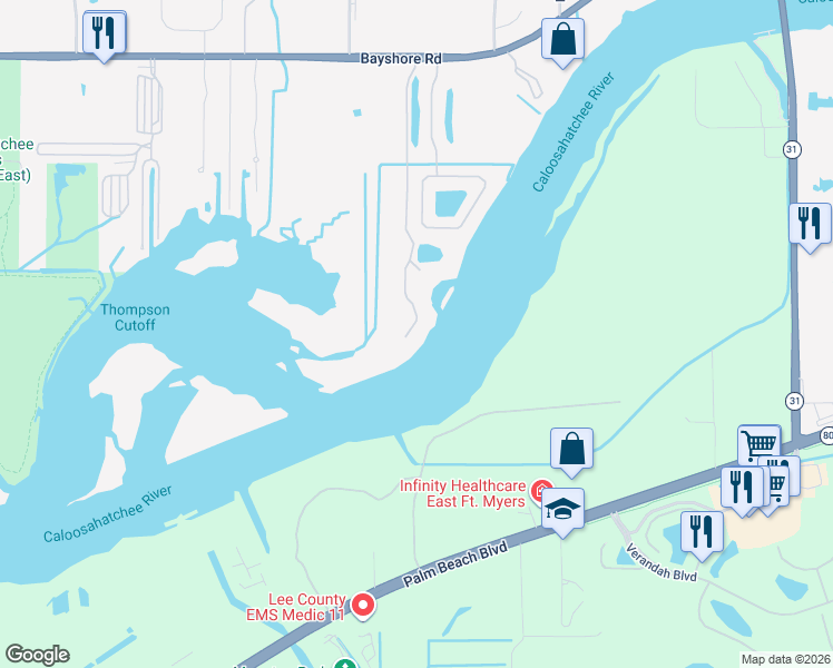 map of restaurants, bars, coffee shops, grocery stores, and more near 16000 Bay Pointe Boulevard in North Fort Myers
