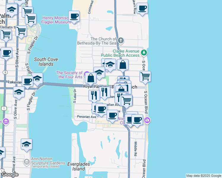 map of restaurants, bars, coffee shops, grocery stores, and more near 251 Royal Palm Way in Palm Beach