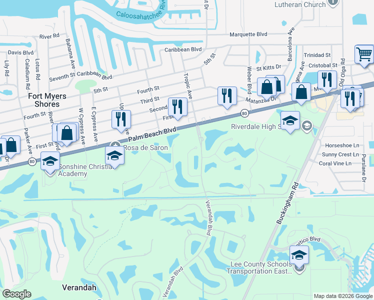 map of restaurants, bars, coffee shops, grocery stores, and more near 2909 Willow Ridge Court in Fort Myers