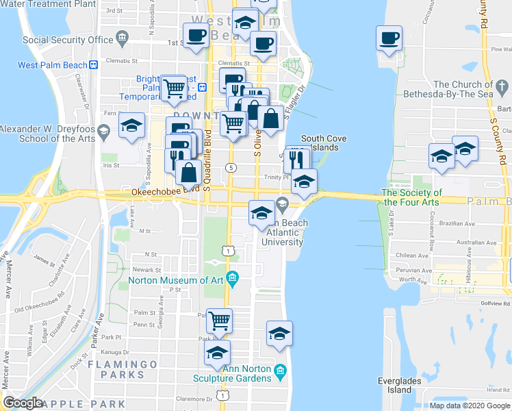 map of restaurants, bars, coffee shops, grocery stores, and more near 220 Lakeview Avenue in West Palm Beach