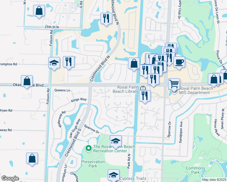 map of restaurants, bars, coffee shops, grocery stores, and more near 144 Weybridge Circle in Royal Palm Beach
