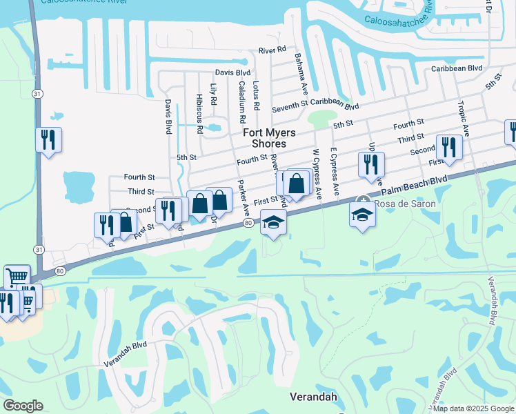 map of restaurants, bars, coffee shops, grocery stores, and more near 12907 Second Street in Fort Myers