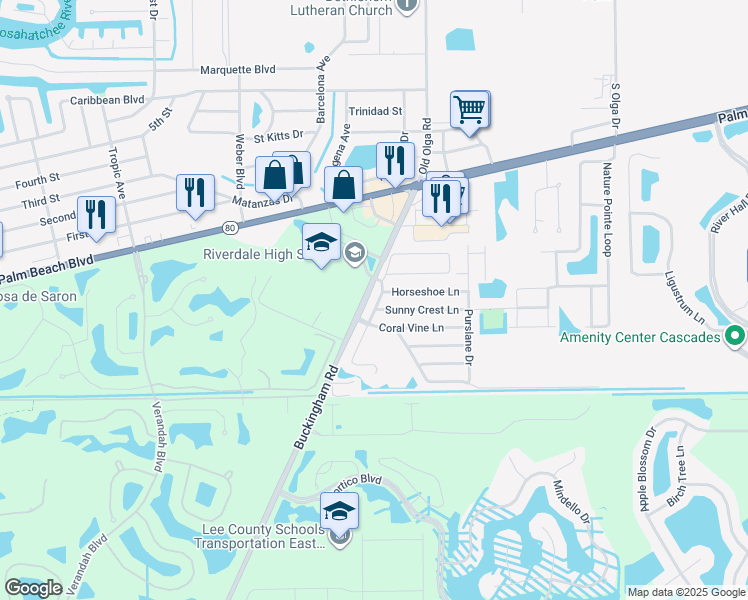 map of restaurants, bars, coffee shops, grocery stores, and more near 15527 Spring Line Lane in Fort Myers
