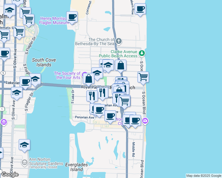 map of restaurants, bars, coffee shops, grocery stores, and more near 251 Royal Palm Way in Palm Beach