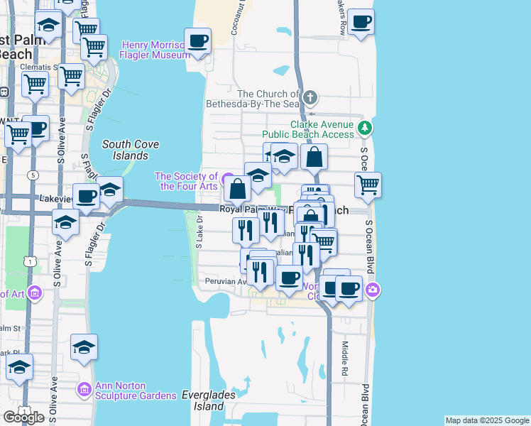 map of restaurants, bars, coffee shops, grocery stores, and more near 310 Royal Palm Way in Palm Beach