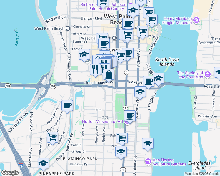 map of restaurants, bars, coffee shops, grocery stores, and more near 550 Okeechobee Boulevard in West Palm Beach