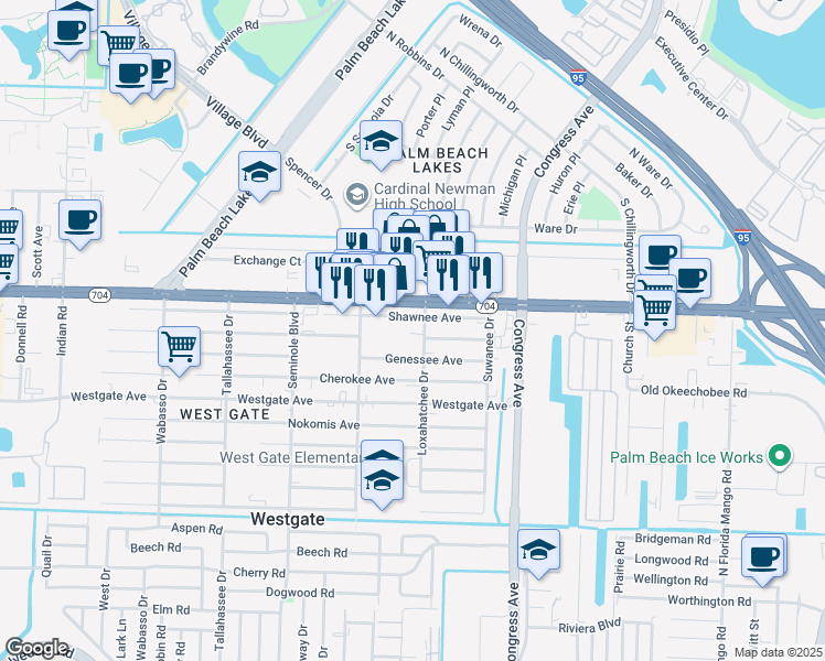 map of restaurants, bars, coffee shops, grocery stores, and more near 2528 Okeechobee Boulevard in West Palm Beach