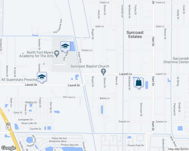map of restaurants, bars, coffee shops, grocery stores, and more near 7773 Bogart Drive in North Fort Myers