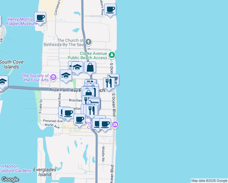 map of restaurants, bars, coffee shops, grocery stores, and more near 260 South Ocean Boulevard in Palm Beach